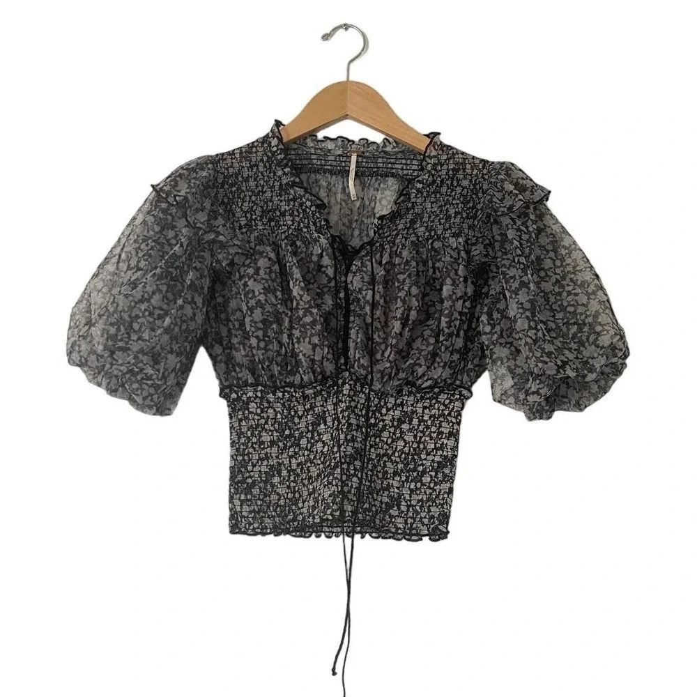 Free People Beatrice Tie Front Smocked Puff Sleeve Boho Top